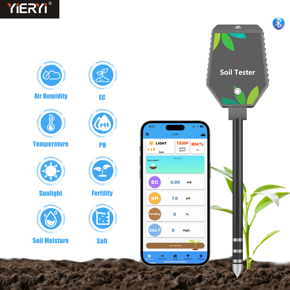 Plant Parent App - Yieryi 8-in-1 สมาร์ทเครื่องทดสอบดิน pH/เกลือ/EC/Fertility/อุณหภูมิบลูทูธ APP Data