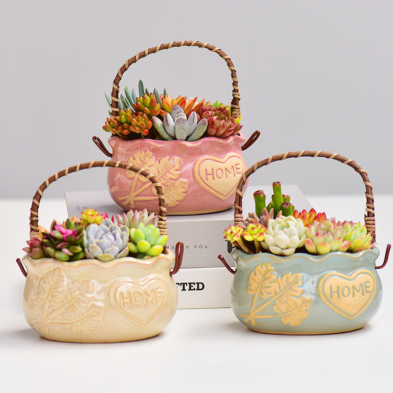 Snake Plant Ceramic - กระถางเซรามิกสไตล์นอร์ดิกสำหรับปลูกไม้อวบน้ำ ระบายอากาศได้ดี พร้อมหูจับหวาย ตกแต่งบ้านและสวนบนโต๊ะ