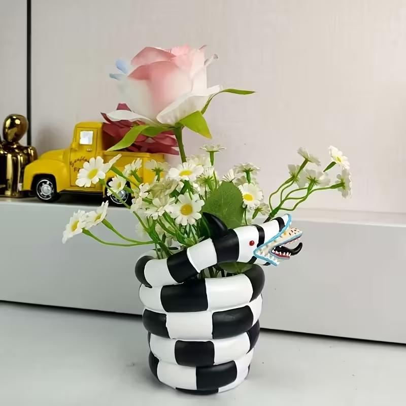 Snake Plant Ceramic - กระถางดอกไม้เรซิ่นรูปงูสีดำและสีขาว 1 ชิ้น - กระถางตกแต่งสไตล์ DIY