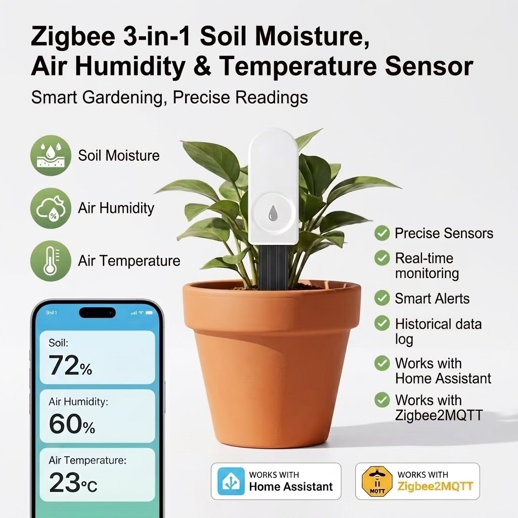 Plant Parent App - เซ็นเซอร์วัดความชื้นในดินอัจฉริยะ ZigBee พร้อมการตรวจสอบอุณหภูมิและความชื้น ควบคุมผ่านแอปพลิเคชัน ติดตามการรดน้ำต้นไม้สำหรับการชลประทานในสวน